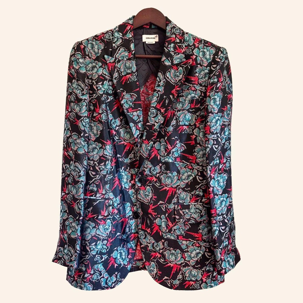 Zadig & Voltaire Black Floral Satin Blazer with Teal and Red Accents